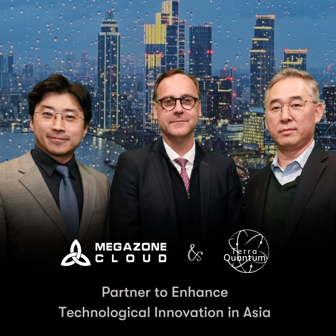 Joowan Lee, CEO & Founder of Megazone Cloud, Markus Pflitsch, Founder, CEO & Chairman of Terra Quantum, and Brad Kim, Chief Quantum Officer & Senior Executive Vice President, Megazone Cloud, at the Memorandum of Understanding signing ceremony in London.