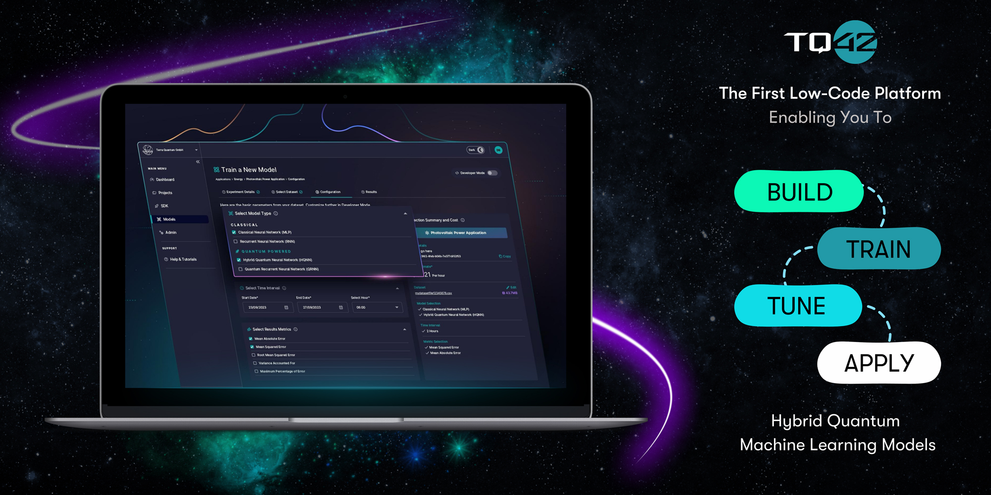 Preview of TQ42, the first low-code platform for building, training, tuning and running QML models, with access to both high performance classical and quantum compute resources. At TQ42.com, you can join the waiting list and be part of the Beta phase.